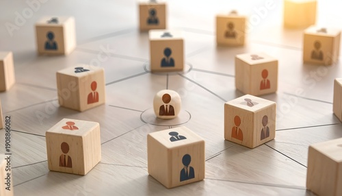 Wooden blocks with figures connect people in a network