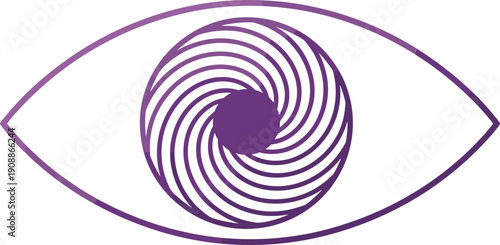 Abstract stylized eye vector illustration, modern geometric spiral iris design, purple vortex artwork symbolizing vision, perception, awareness, creativity