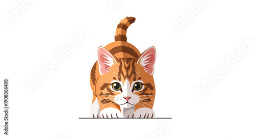 An orange tabby cat peeking over a surface with its tail raised.