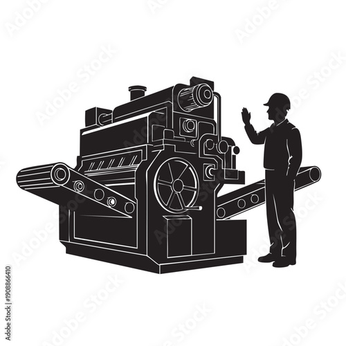 Industrial worker silhouette with hard hat overseeing large printing press machine, representing manufacturing, print media, and production industry operations icon graphic