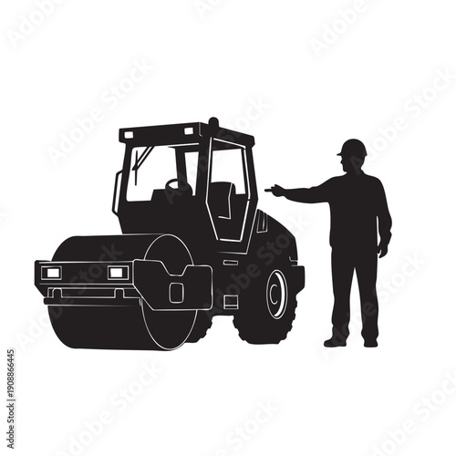 Construction worker silhouette with hard hat guiding a road roller, representing road construction, heavy machinery, and infrastructure development icon vector graphic