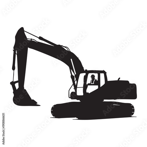 Excavator silhouette with operator in cabin for construction and earthmoving heavy machinery isolated on white background black and white vector illustration of hydraulic digger for civil engineering