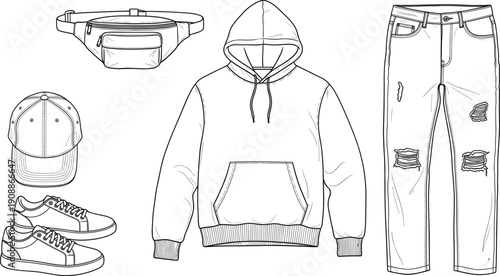 Modern casual streetwear vector set featuring a classic hoodie distressed ripped denim jeans fanny pack baseball cap and sneakers.