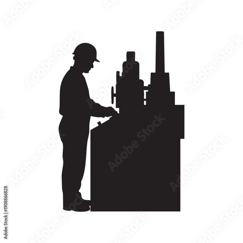 Industrial worker silhouette operating a large machine a profile view depicting precision control and a focus on manufacturing processes in a factory environment vector illustration