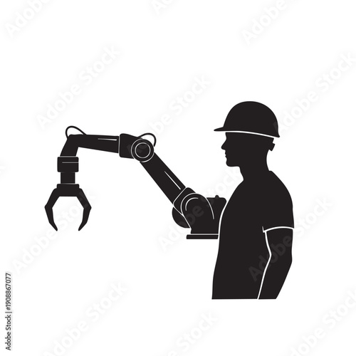 Industrial robotic arm silhouette with engineer worker using automation technology for manufacturing processes in factory setting isolated on white background high tech machinery production design