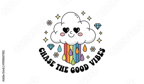 Cute cloud character raining colorful droplets and smiling with heart eyes, promoting 'Chase The Good Vibes' with diamonds and flowers.