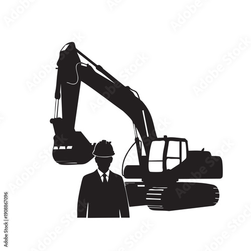 Heavy equipment operator in business suit and safety helmet standing before crawler excavator silhouette vector illustration construction project management and professional engineering leadership