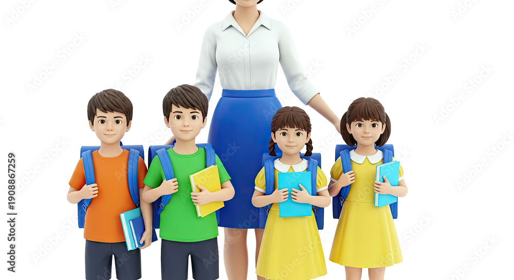 Obraz premium Teacher and Students with Backpacks and Books