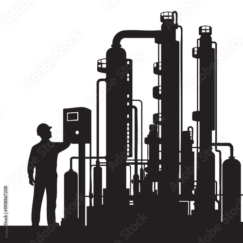 Oil refinery worker silhouette operating chemical plant control panel with complex distillation towers and pipeline systems in industrial landscape background for energy sector production projects