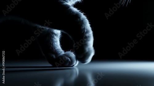 Mysterious elegance A domestic cat's soft paw delicately steps onto a luminous surface, bathed in dramatic low-key light, enhancing its stealthy and graceful movement