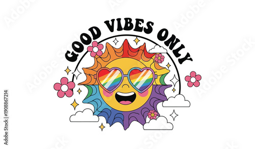Happy sun character in rainbow sunglasses, surrounded by clouds and flowers, radiating warmth and positivity with 'Good Vibes Only' text.