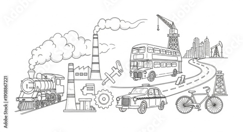 Vintage steam train and bicycle illustration with abstract background.