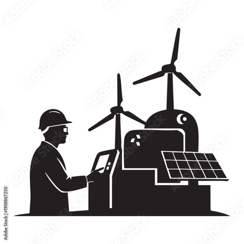 Renewable energy technician monitoring wind turbines and solar panels silhouette vector illustration for sustainable technology and green power concepts isolated on white background for graphics
