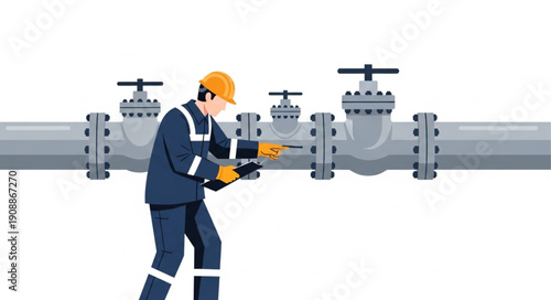 Worker Inspecting Industrial Pipeline with Tools.