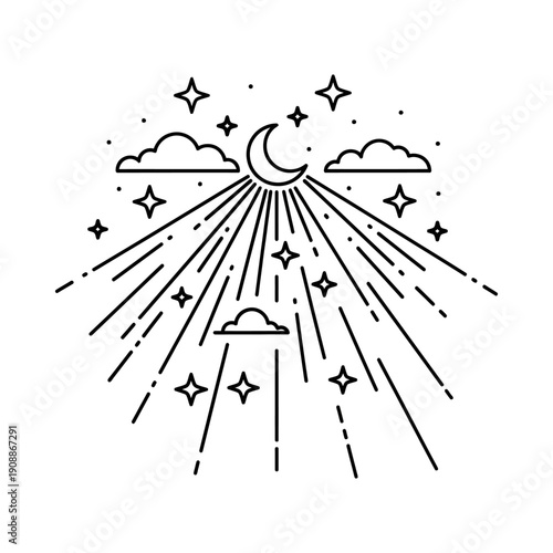 Whimsical celestial illustration featuring a crescent moon stars and beaming rays in a dreamy night sky design