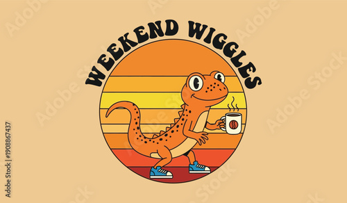 Lizard character with a coffee cup and retro sunset background, enjoying the weekend with a playful wiggle and the text 'Weekend Wiggles'.