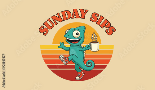 Chameleon character with a coffee cup and retro sunset background, suggesting relaxed 'Sunday Sips' with a cheerful, playful vibe.