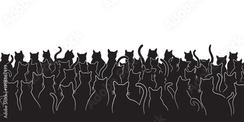 A large group of black cat silhouettes gathered together, creating a dense pattern.