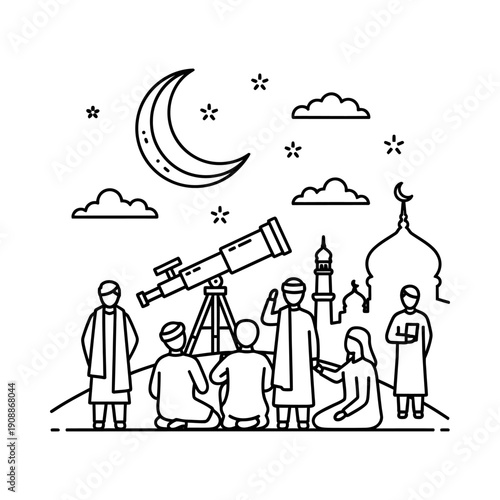 Group of people stargazing under a crescent moon with telescope and mosque domes in background night sky illustration