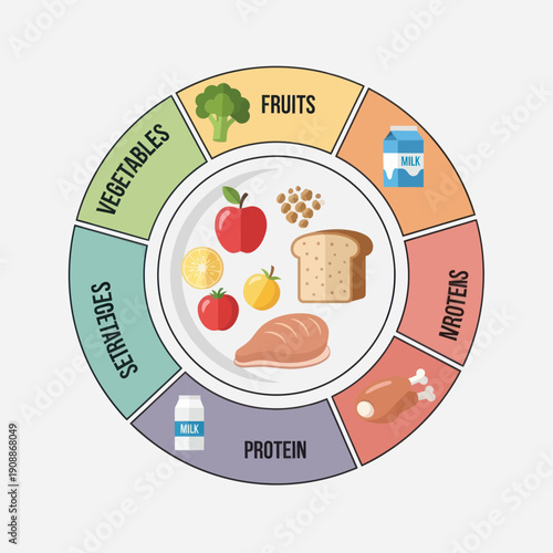 Healthy eating plate divided into sections for balanced diet.
