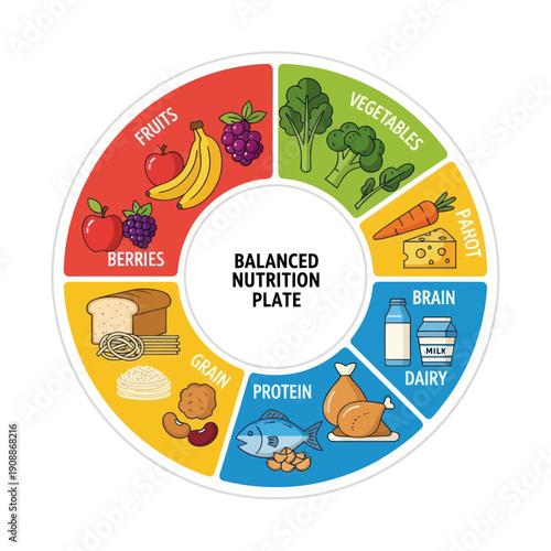 Balanced Nutrition Plate Diagram with Food Groups.