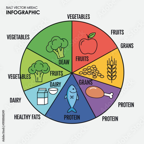 Balanced Diet Infographic Showing Recommended Food Groups and Proportions.