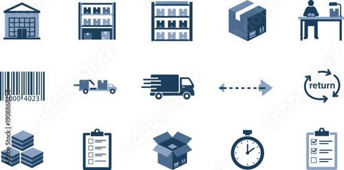 Warehouse and logistics icons set featuring inventory management, storage shelves, barcode scanning, shipping trucks, packaging boxes, delivery tracking, and return process symbols
