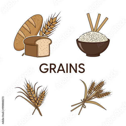 Assorted grain products and wheat illustrations.