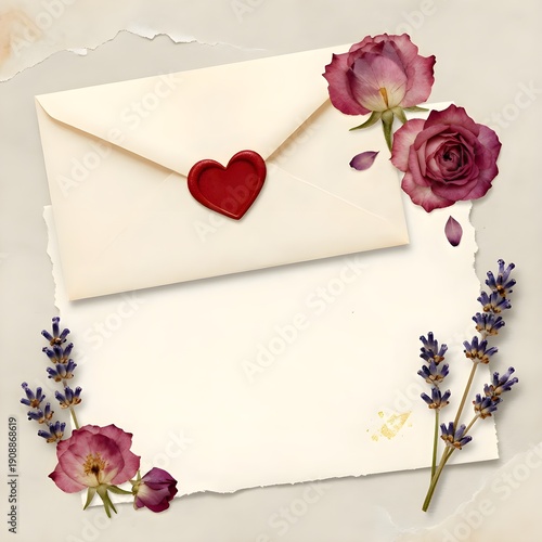 Vintage Love Letter Instagram Template - Torn Paper Texture with Red Wax Heart Seal, Pressed Flowers, Handwritten Style