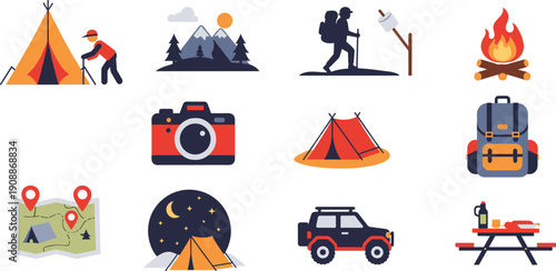 Camping and outdoor adventure icons set featuring tents, backpacking, campfire, hiking, photography, navigation maps, offroad vehicle, and wilderness travel elements