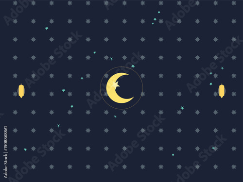 Eid Islamic Ramadan crescent moon and lanterns glowing warmly on dark starry night background minimalist vector design