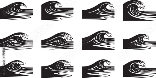 Black and white wave graphics in various crashing styles
