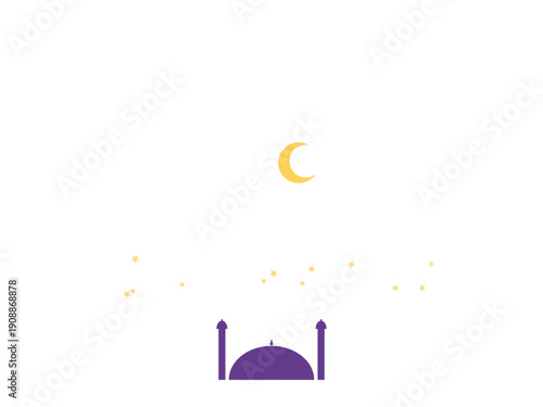 Eid Islamic Ramadan crescent moon and mosque lanterns minimalist vector illustration with soft golden glow and serene purple gradient