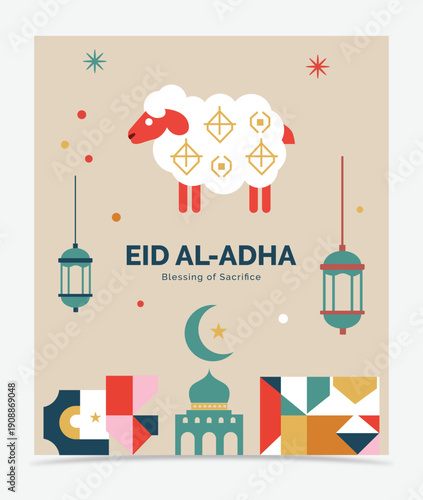 Vibrant eid aladha greeting card with festive illustrations and symbols