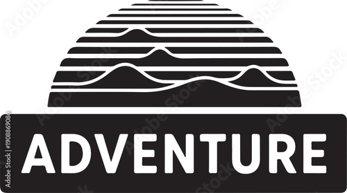 Minimalist adventure logo with mountain silhouette isolated on white background