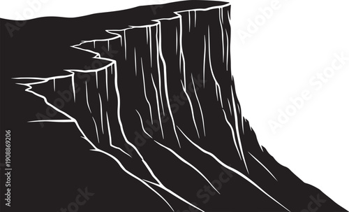 Minimalist black and white cliff edge landscape isolated on white background