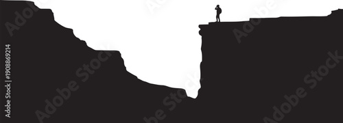 Minimalist silhouette of person standing on cliff edge isolated on white background