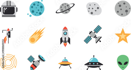 Space exploration and astronomy icons set featuring astronaut helmet, planets, rockets, satellites, meteors, UFOs, stars, and alien symbols