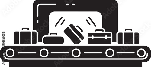 Minimalist black and white vector of a conveyor belt with luggage isolated on white background
