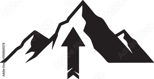 Minimalist mountain peak with upward arrow isolated on white background