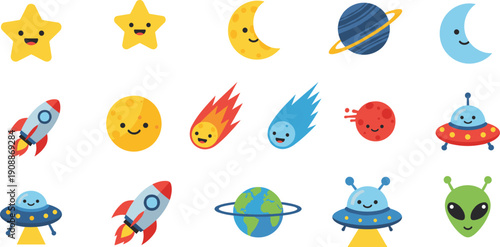 Cute space and astronomy icons set featuring stars, moon phases, planets, rockets, comets, UFOs, Earth, and friendly alien characters