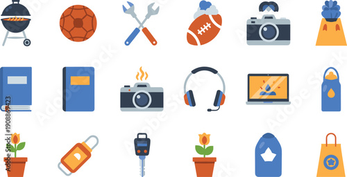Lifestyle and hobby icons set featuring sports equipment, camera, tools, books, headphones, laptop, travel items, plants, and daily essentials