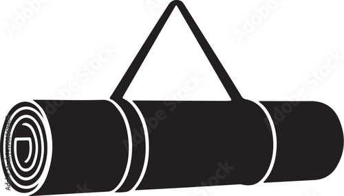 Minimalist black yoga mat with strap isolated on white background