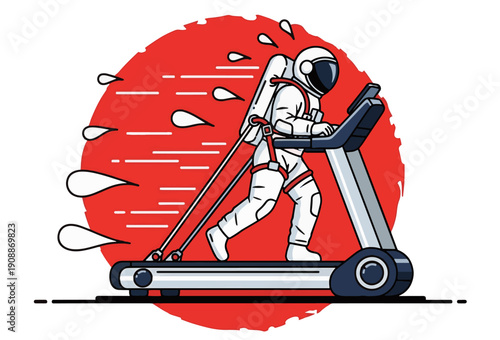 Astronaut running on treadmill with sweat drops illustration