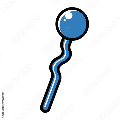 Blue cocktail stirrer stick with a wavy design isolated on a white background, featuring a glossy spherical end and bold black outlines in a minimalist style
