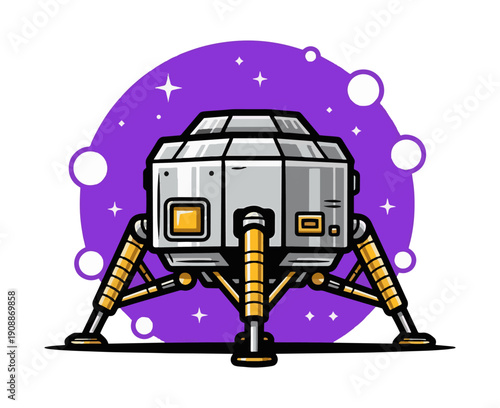Lunar lander spacecraft exploring moon with vibrant purple stellar background