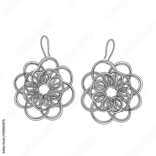 Elegant crochet earrings with intricate loops isolated on white background, showcasing delicate craftsmanship and artistic design