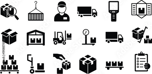 Black and white logistics icons set featuring warehouse, shipping, delivery trucks, packages, forklifts, barcode scanners, pallet jacks, checklists