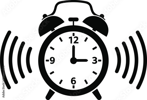 Analog alarm clock ringing icon, black and white time symbol, wake up vector illustration, alert design graphic, morning schedule emblem