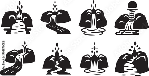 Black and white waterfall icons in various styles depicted